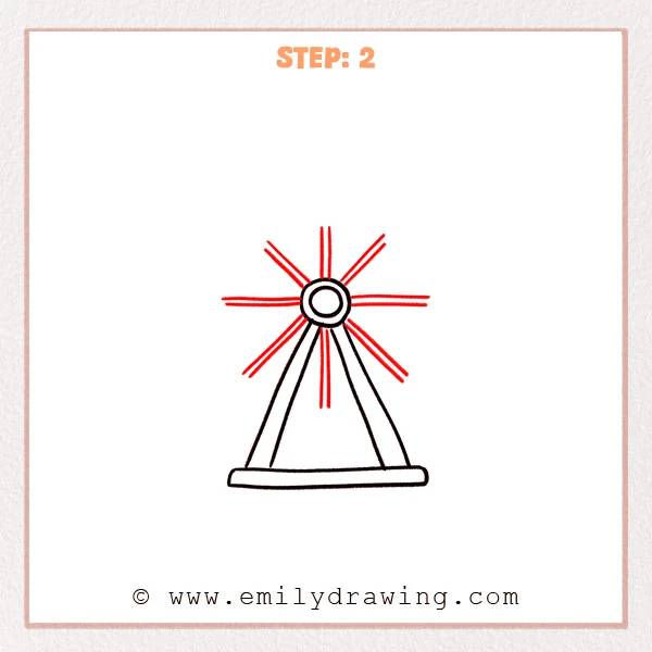 how to draw a ferris wheel - Step 2 of an easy ferris wheel drawing adds evenly spaced, double-line spokes radiating out from the central hub above the support frame.